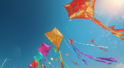Shows colorful kites flying in the sky, each kite has long colorful ribbons hanging from its tail. The background is a clear blue with no clouds or other objects. Generative AI.
