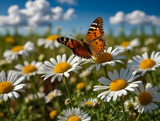 Obraz premium Beautiful field meadow flowers chamomile and butterfly against blue sky with clouds, nature spring summer landscape, close-up macro.