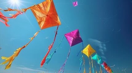 Shows colorful kites flying in the sky, each kite has long colorful ribbons hanging from its tail. The background is a clear blue with no clouds or other objects. Generative AI.