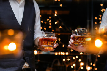Bartender Serve beer, on wood bar, 