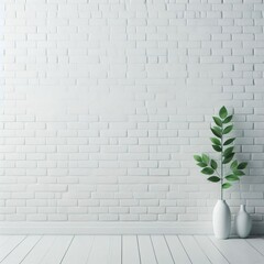 Indoor green plant in pot on stool at white brick wall background , copy and text space	
