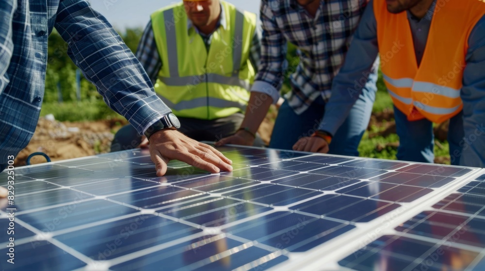 Poster a group of architects and engineers discussing the placement of solar panels on a blueprint of a sus