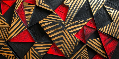 wallpaer luxury, made from silk, Regular black, gold and red three-dimensional striped background, triangle/rectangle, black background, aspect ratio 2:1