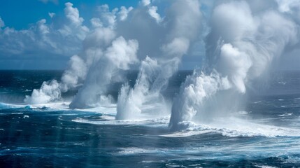The air tinged with a misty spray as multiple water spouts gather strength over the sparkling blue ocean.