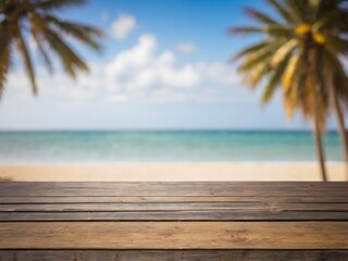 Wooden table with blurry beach summer background