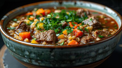 A bowl of hearty beef and barley soup, perfect for a chilly day.