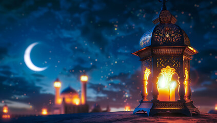 A 3D illustration shows a glowing lantern with a mosque and crescent moon in the background. Ramadan Kareem, Mawlid, Iftar, Eid al-Fitr, Eid al-Adha, and Muharram. Generative AI.