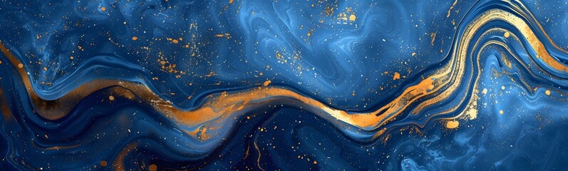 Abstract blue marble texture with gold splashes, blue luxury background