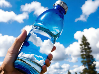 hand holding bottle on a sky