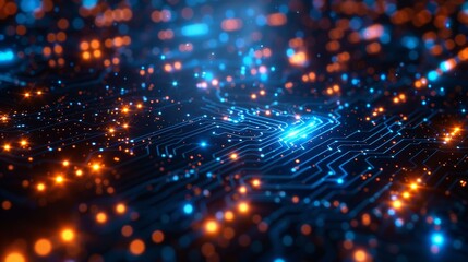 Fototapeta premium Abstract digital circuitry closeup with glowing blue and orange lights, representing futuristic technology and modern electronics.