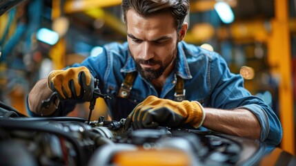 Male mechanic repairing car engine