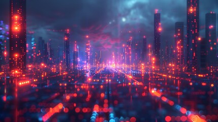 Obraz premium Futuristic cityscape illuminated with neon lights, representing advanced technology and digital connectivity in a cyberpunk environment.