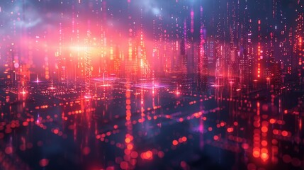 Obraz premium Futuristic digital landscape with neon lights and grid patterns, illustrating advanced technology and data visualization concepts.