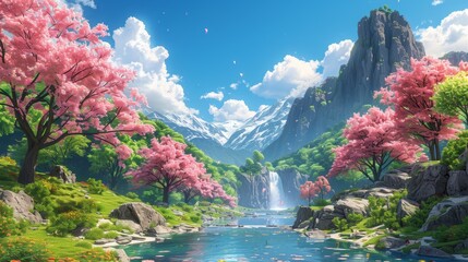A picturesque landscape with blooming pink cherry blossoms, a serene waterfall, and towering mountains under a bright blue sky.