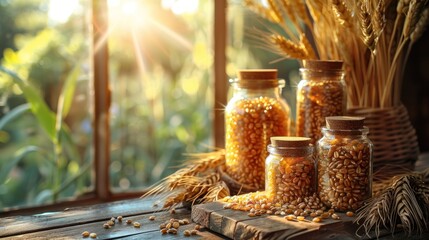 Wheat seeds on wooden table