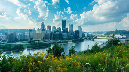 A city skyline with a prominent river.