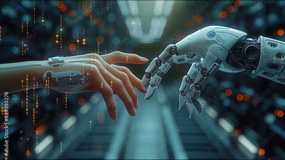 Poster A robotic hand and a human hand reaching towards each other, with a backdrop of binary code and complex algorithms. the collaboration between humans and AI in the digital age. Generative AI.