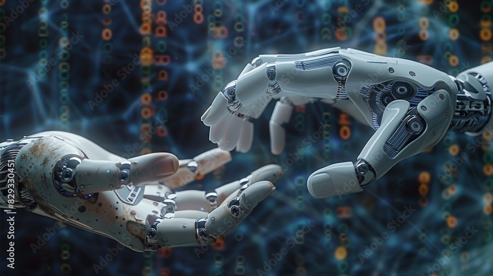 Aufkleber A robotic hand and a human hand reaching towards each other, with a backdrop of binary code and complex algorithms. the collaboration between humans and AI in the digital age. Generative AI.