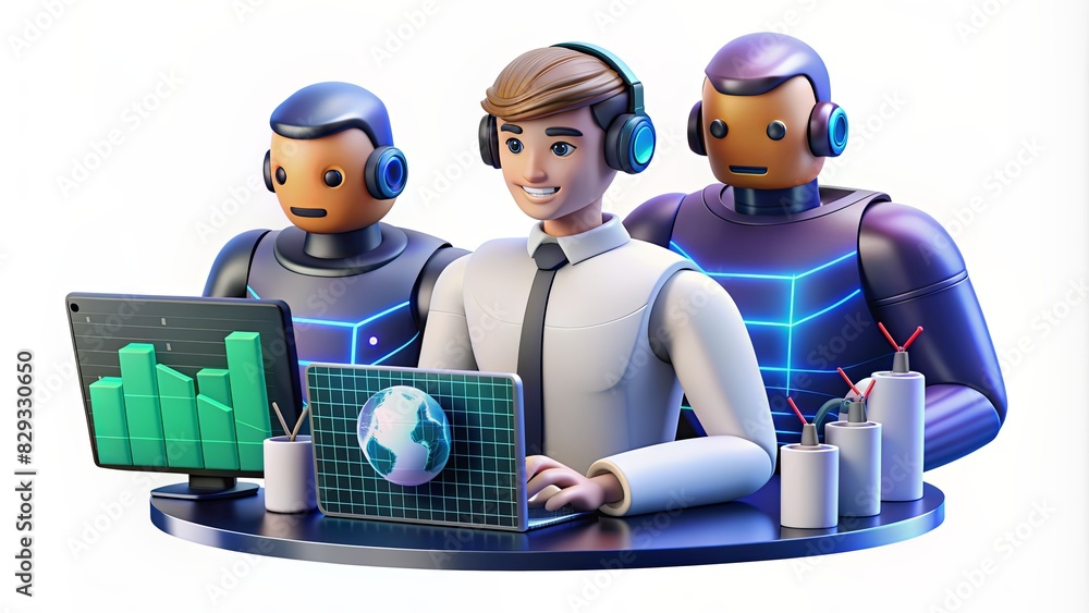 Poster a man is sitting at a desk with two robots and a laptop