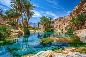 A desert oasis with palm trees and a clear blue pond.