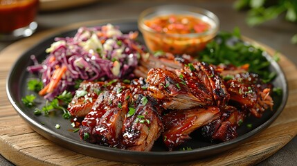 A plate of savory pulled pork, served with coleslaw.