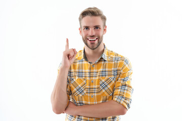 Caucasian casual guy. Man in checkered shirt isolated on white. Stylish man with stylish hairstyle. Trendy male fashion style. Male casual style. Face portrait. Inspired with idea