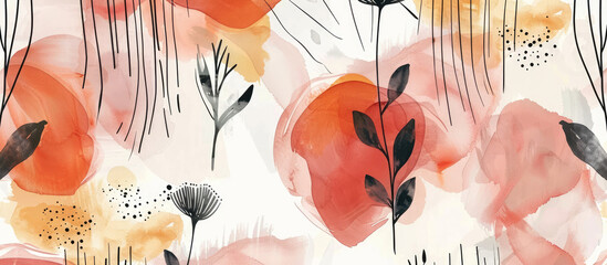 Abstract floral watercolor background with hand drawn flowers and leaves in pink, orange, red and black