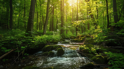 A lush green forest with a bubbling brook.