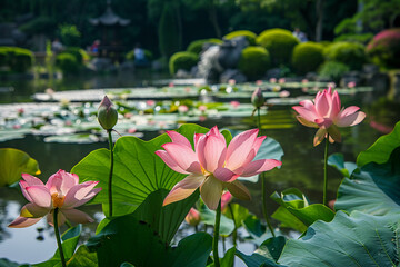 A peaceful pond with blooming lotus flowers.
