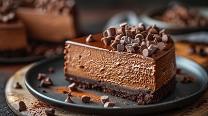 A slice of creamy chocolate cheesecake, topped with chocolate ganache.