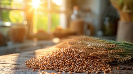 Wheat seeds on wooden table