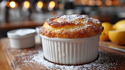 A serving of light and airy lemon souffl�, dusted with powdered sugar.