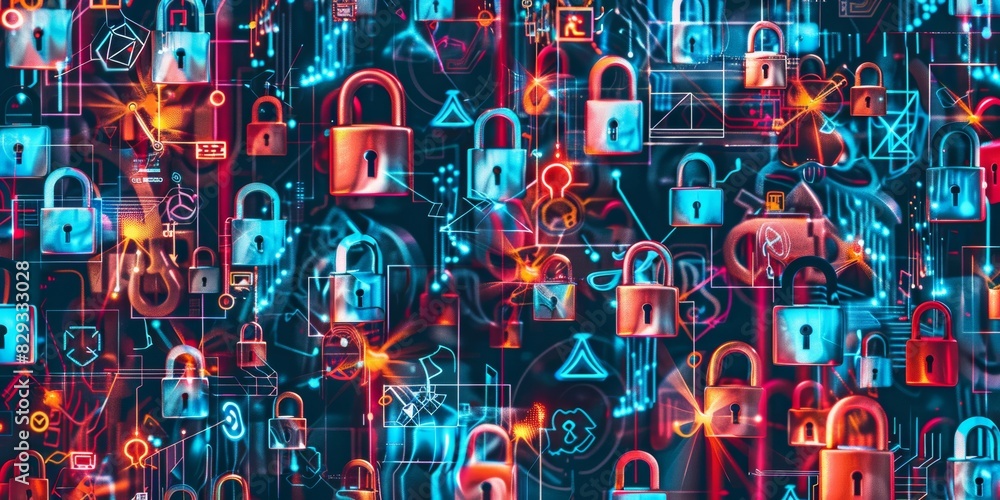 Poster Intricate Cybersecurity Network Concept: Digital Locks, Data Streams in Vibrant Computer Network Design, Highlighting Modern Privacy Protection