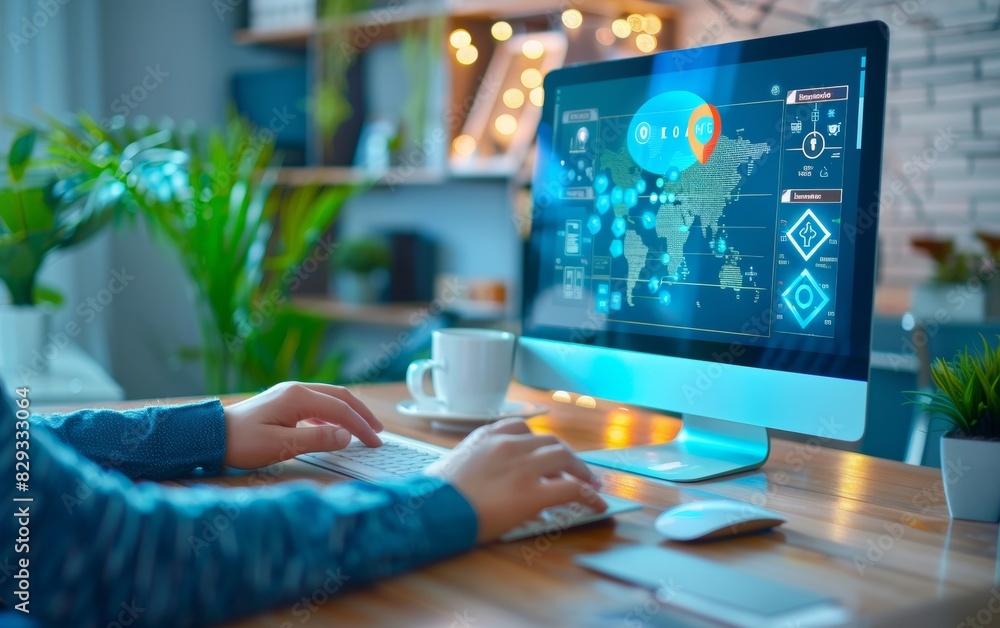 Poster professional cybersecurity expert monitoring data protection software in modern office environment
