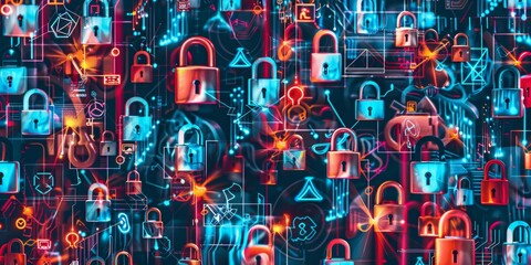 Intricate Cybersecurity Network Concept: Digital Locks, Data Streams in Vibrant Computer Network Design, Highlighting Modern Privacy Protection