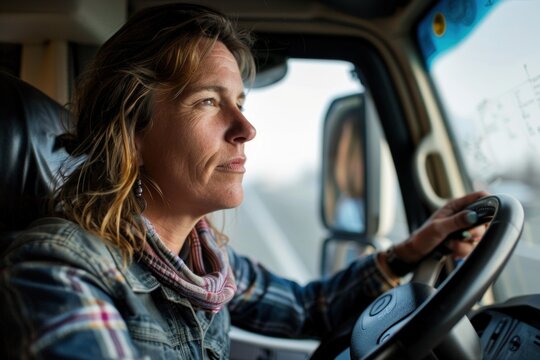 Caucasian middle-aged female truck driver driving, focused on the road, wearing a denim jacket.
