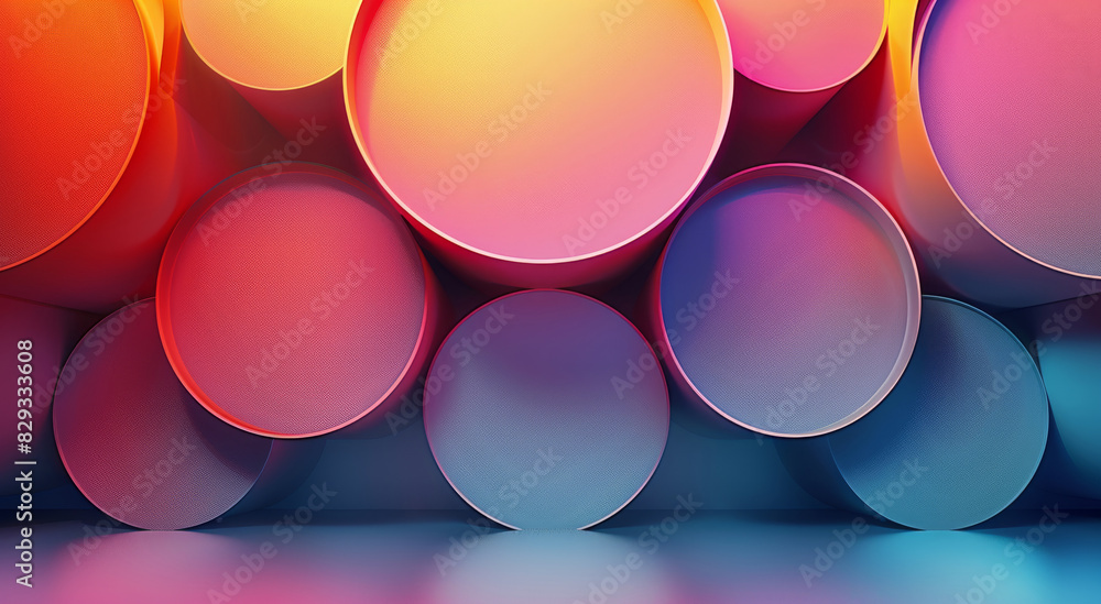 Poster geometry of gradient circles with shadow reflections, neon color background. generative ai.