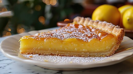 A slice of tangy lemon tart, with a buttery crust.