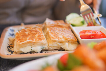 Traditional Turkish Cuisine Pastries borek on a plate 
