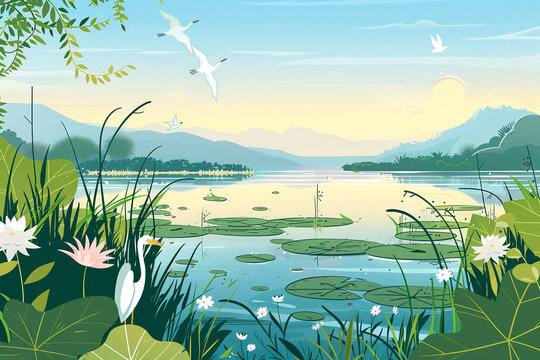 A scenic view of a wetland area with birds.