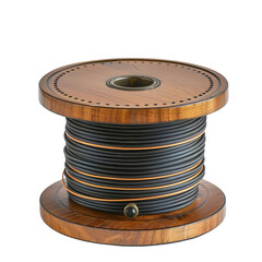 Wooden spool with coiled black cable isolated ontransparent background, professional electronic equipment, industrial supply, electrical wiring.