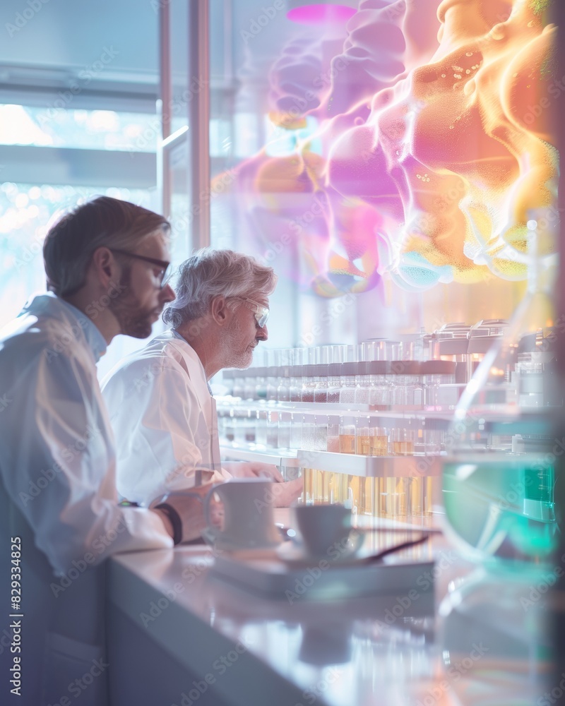 Poster innovative collaboration in embryo research: scientists discussing development stages in high-tech l