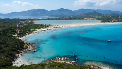 Villasimus, Sardegna. Amazing aerial view of the bay of the beach Porto Giunco, Time Ama, Serr'e Morus. Sea of Sardinia one of the most beautiful in Italy. Summer time