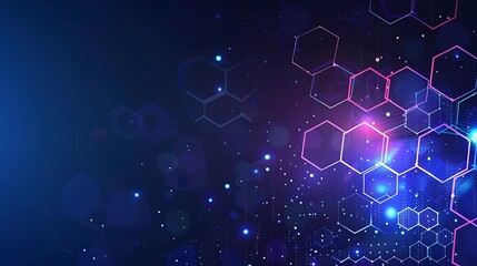 Abstract background with hexagon pattern and glowing dots on blue purple color, vector illustration. Digital technology concept for banner design