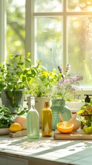 Eco-Friendly Kitchen Cleaning: Woman Using Natural Disinfectants in Bright Morning Setting