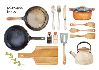 水彩で描いたキッチンツールのイラスト