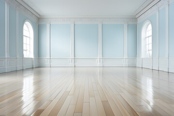 Obraz premium Minimal style interior light blue empty room modern white, white wood floor in sheets. Sunlight shines through window, inside shadows. Beautiful art architecture. Abstract Texture background.