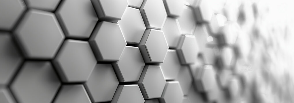 Abstract background with white and geometric hexagons. White paper cut with abstract hexagon geometric shape on light gray background.