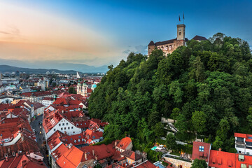 Ljubljana, Slovenia - Aerial cityscape view of Ljubljana castle and hill on a summer afternoon with...