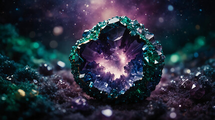 A shimmering geode floats among swirling galaxies in a crystal-clear night sky filled with vibrant hues of amethyst, sapphire, and emerald.